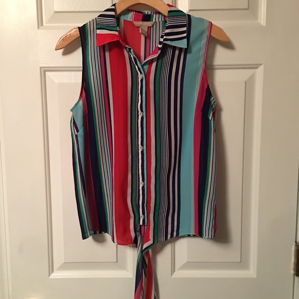 Banana Republic Women Striped Tie Sleeveless Blouse Top Button Shirt Semi Sheer
